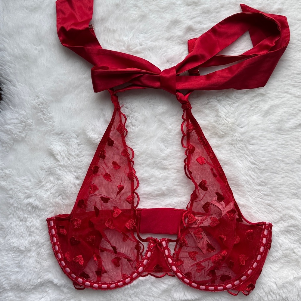 NWT Victorias Secret Dream Angels Unlined Mesh Heart Halter Bra Bow sz SD-DD
